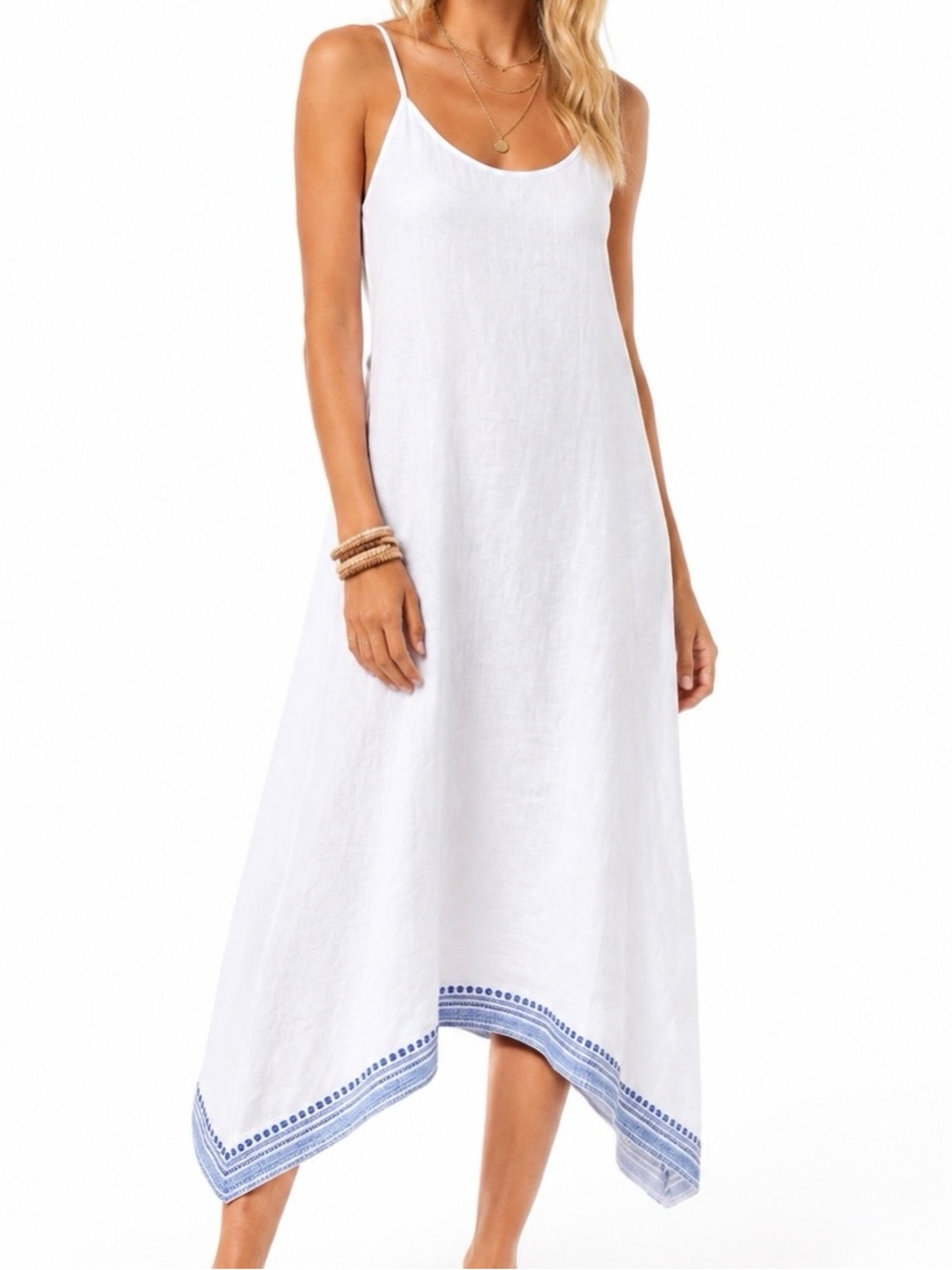 VITAMIN A White Linen Swim Coverup Maxi Dress w Blue Embroidered Trim